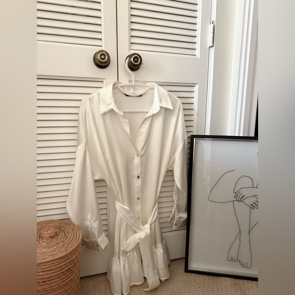 Zara White Long Sleeve Shirt Dress
